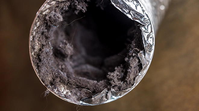 A dirty laundry flexible aluminum dryer vent duct ductwork filled with lint, dust and dirt.
