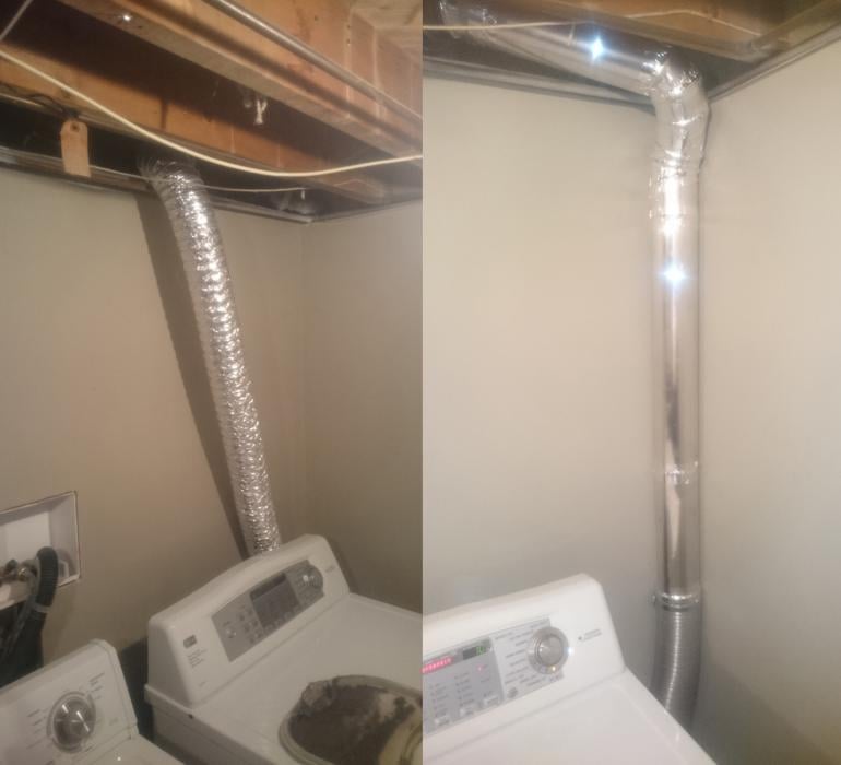 Before and after replacing a dryer vent using the correct, safe materials.