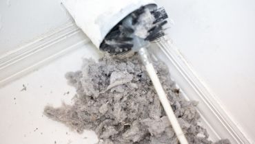 A cleaning brush covered in a large clump of dust and lint.