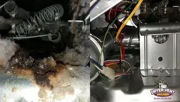 Before and after photos of burnt lint trapped in a vent.
