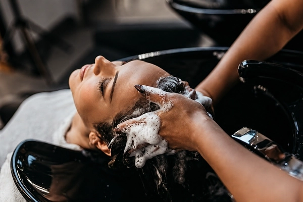 A person reclines at a salon sink while another person washes their hair, creating lather.
