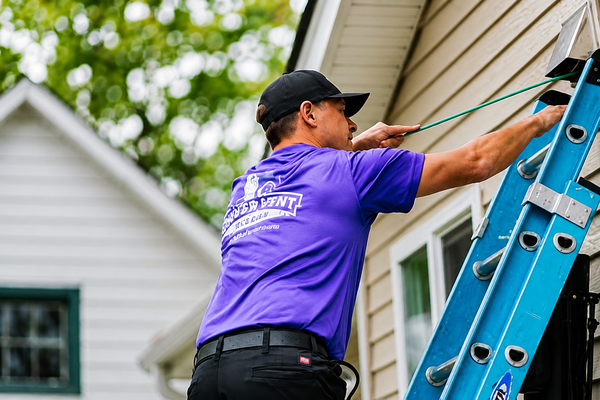 A worker in a purple shirt and black cap standing on a blue ladder.